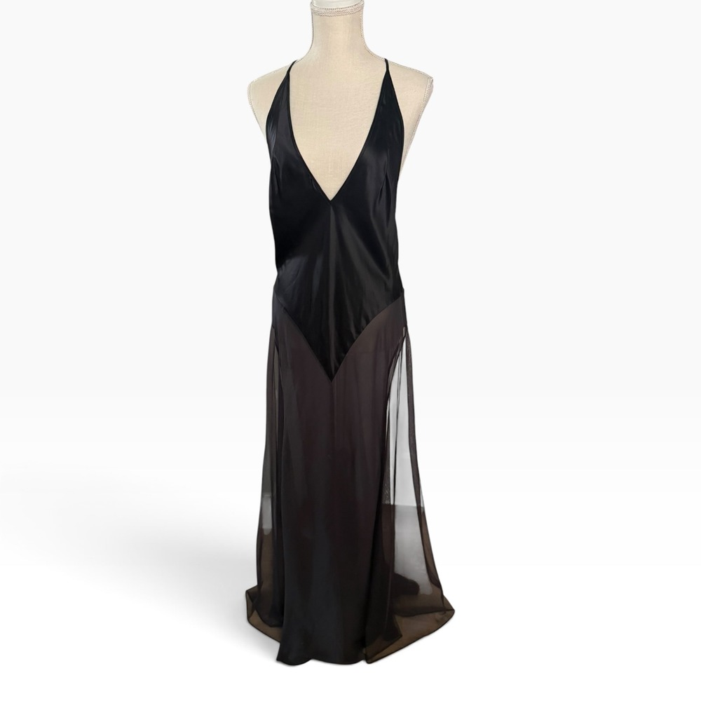Vintage Victorias Secret Black Satin Sheer Chiffon Maxi Nightgown NWT Large